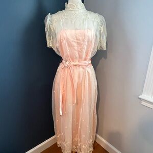 Vintage 1950s Sheer Embroidered Overlay Dress with Peach Slip